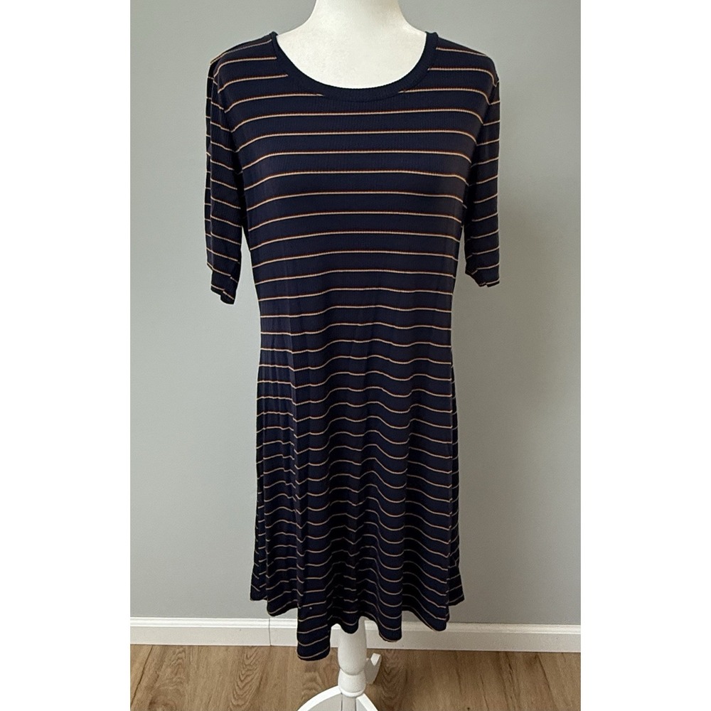 Old Navy Short Sleeve Fit & Flare Navy Multi Stripe Ribbed Knit Dress Size L